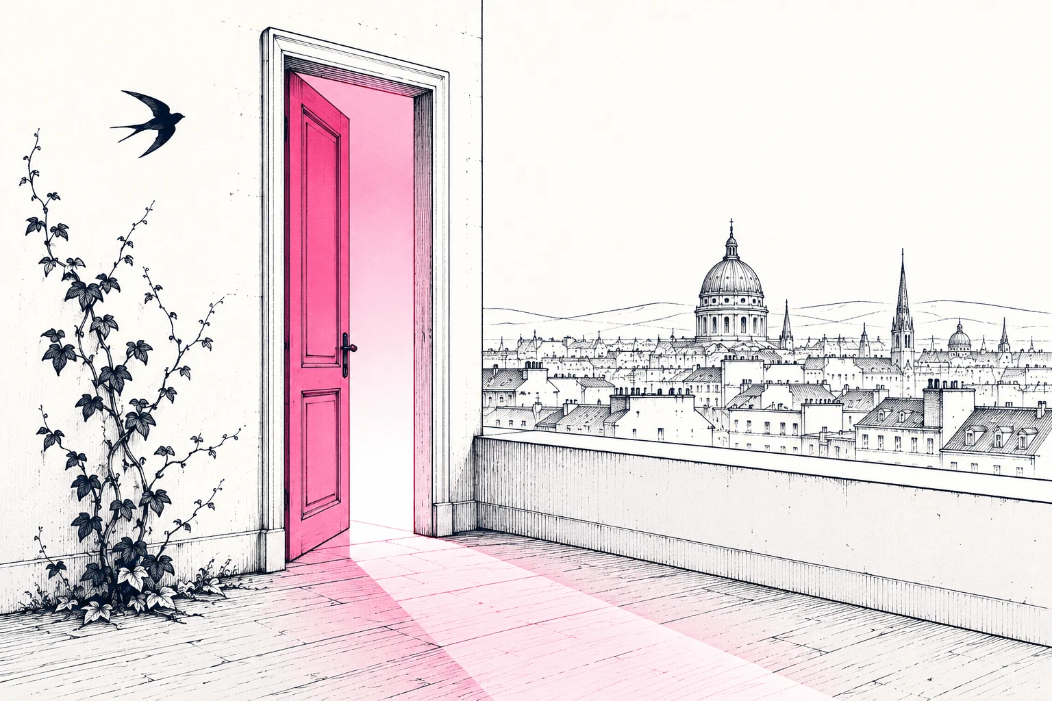 Une porte entrouverte sur la ville, éclairée d'une lumière rose.